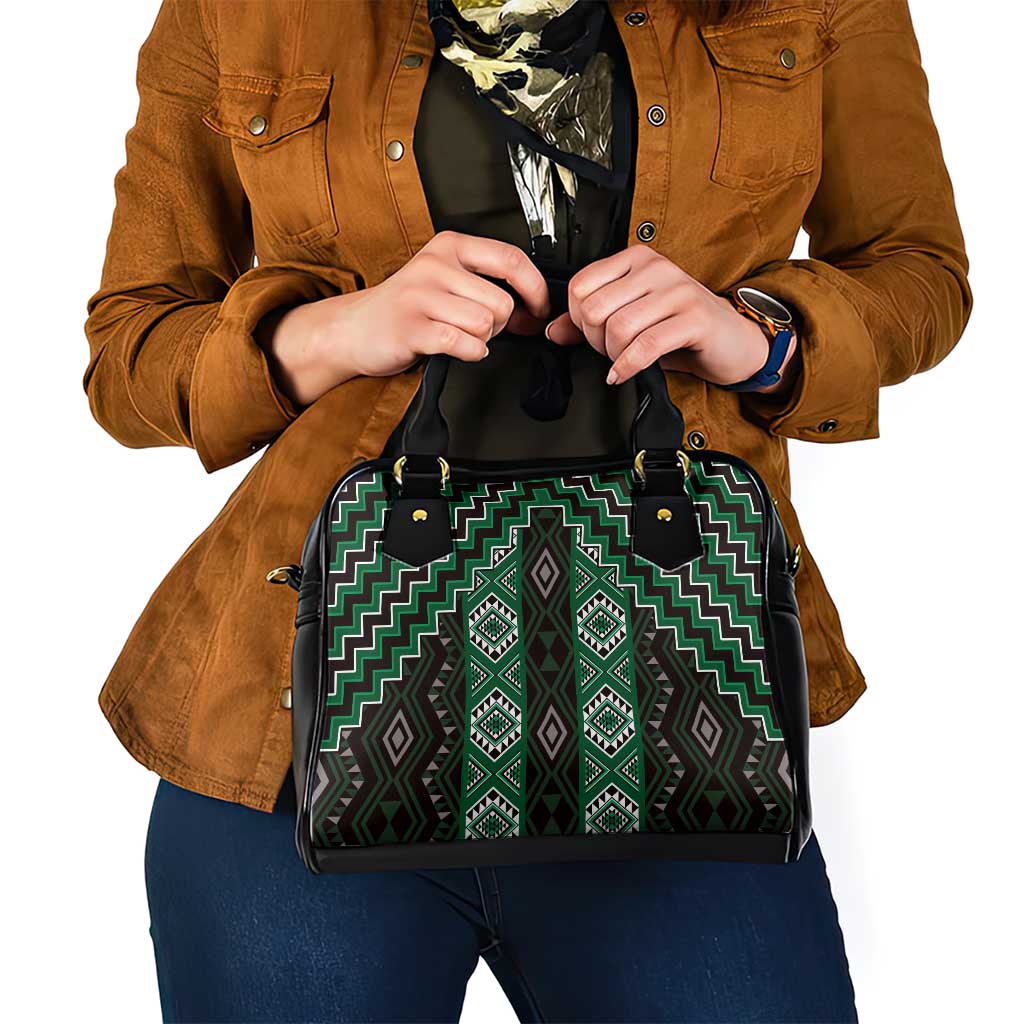 New Zealand Aotearoa Shoulder Handbag Green Poutama With Taniko Pattern LT05