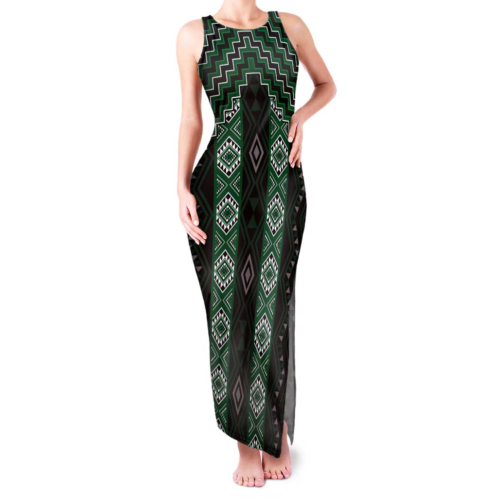 New Zealand Aotearoa Tank Maxi Dress Green Poutama With Taniko Pattern