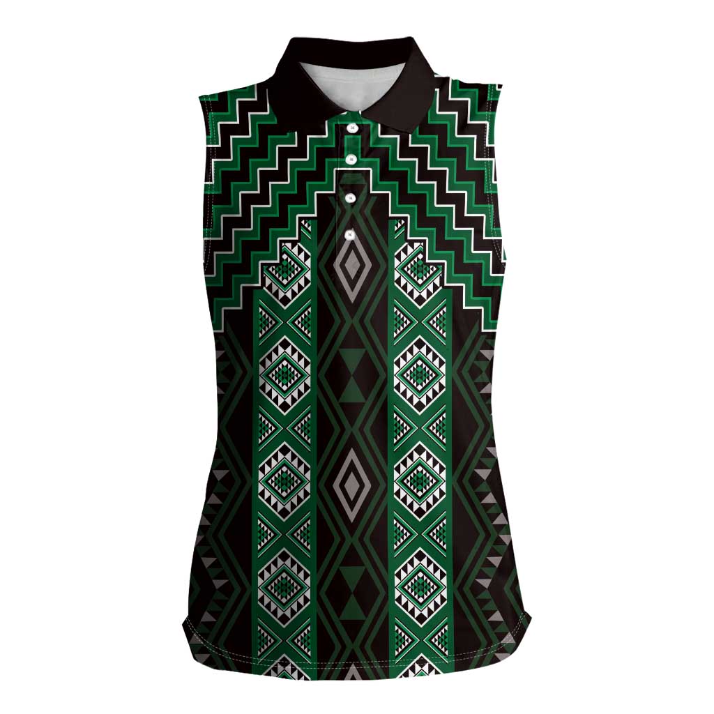 New Zealand Aotearoa Women Sleeveless Polo Shirt Green Poutama With Taniko Pattern LT05