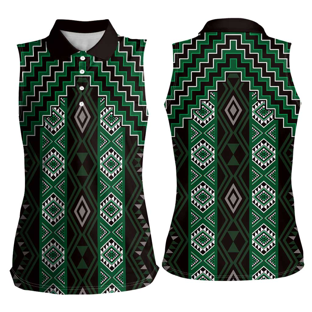 New Zealand Aotearoa Women Sleeveless Polo Shirt Green Poutama With Taniko Pattern LT05