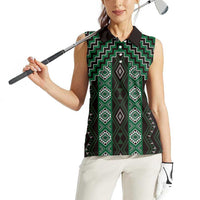 New Zealand Aotearoa Women Sleeveless Polo Shirt Green Poutama With Taniko Pattern LT05