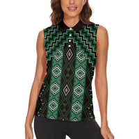 New Zealand Aotearoa Women Sleeveless Polo Shirt Green Poutama With Taniko Pattern LT05