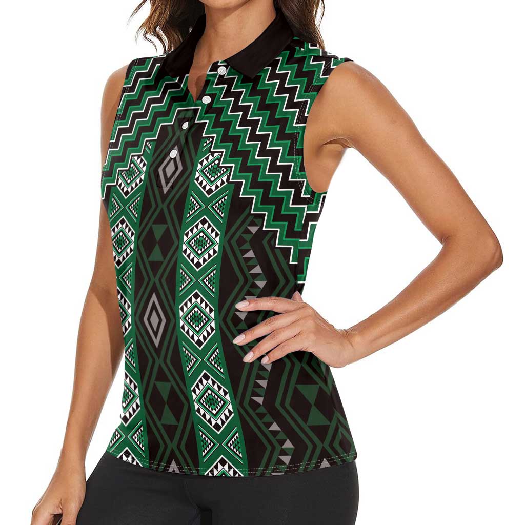 New Zealand Aotearoa Women Sleeveless Polo Shirt Green Poutama With Taniko Pattern LT05