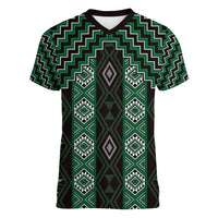 New Zealand Aotearoa Women V-Neck T-Shirt Green Poutama With Taniko Pattern LT05
