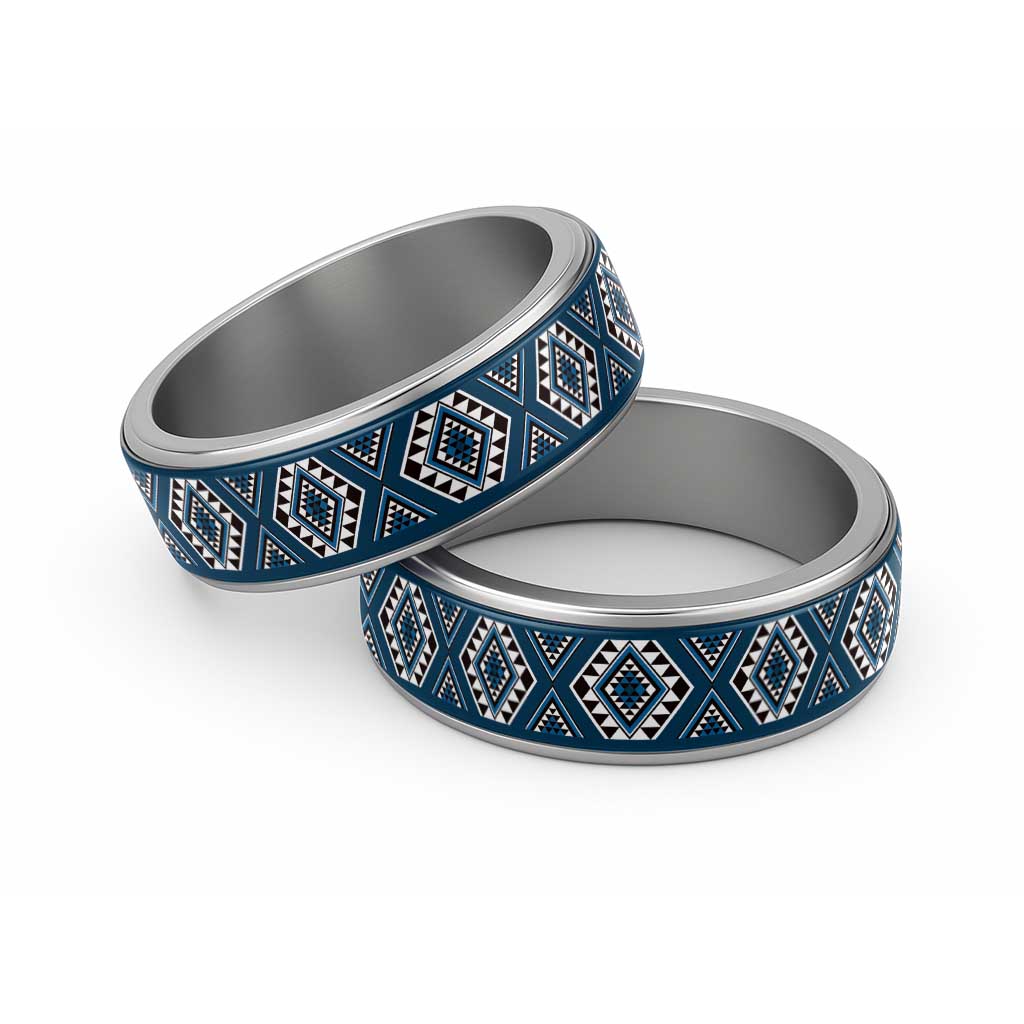 New Zealand Aotearoa Classic Ring Blue Poutama With Taniko Pattern LT05 Sliver Blue - Polynesian Pride