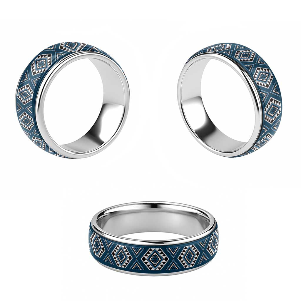 New Zealand Aotearoa Classic Ring Blue Poutama With Taniko Pattern - Polynesian Pride