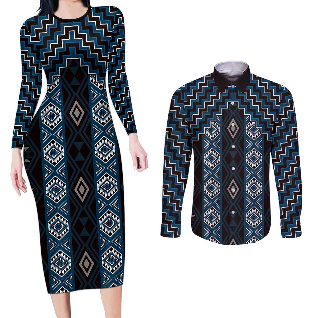 New Zealand Aotearoa Couples Matching Long Sleeve Bodycon Dress and Long Sleeve Button Shirt Blue Poutama With Taniko Pattern LT05