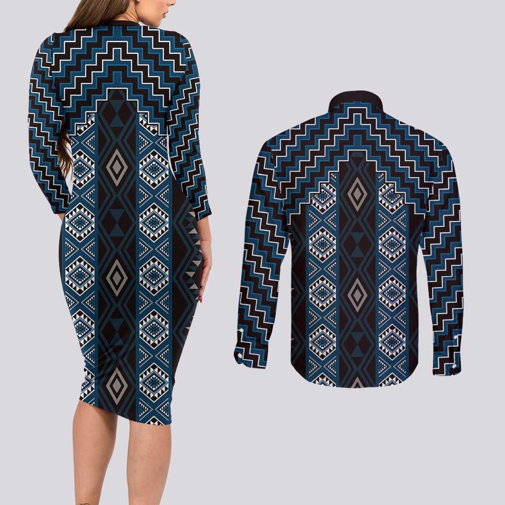 New Zealand Aotearoa Couples Matching Long Sleeve Bodycon Dress and Long Sleeve Button Shirt Blue Poutama With Taniko Pattern LT05