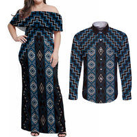 New Zealand Aotearoa Couples Matching Off Shoulder Maxi Dress and Long Sleeve Button Shirt Blue Poutama With Taniko Pattern LT05