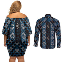 New Zealand Aotearoa Couples Matching Off Shoulder Short Dress and Long Sleeve Button Shirt Blue Poutama With Taniko Pattern LT05