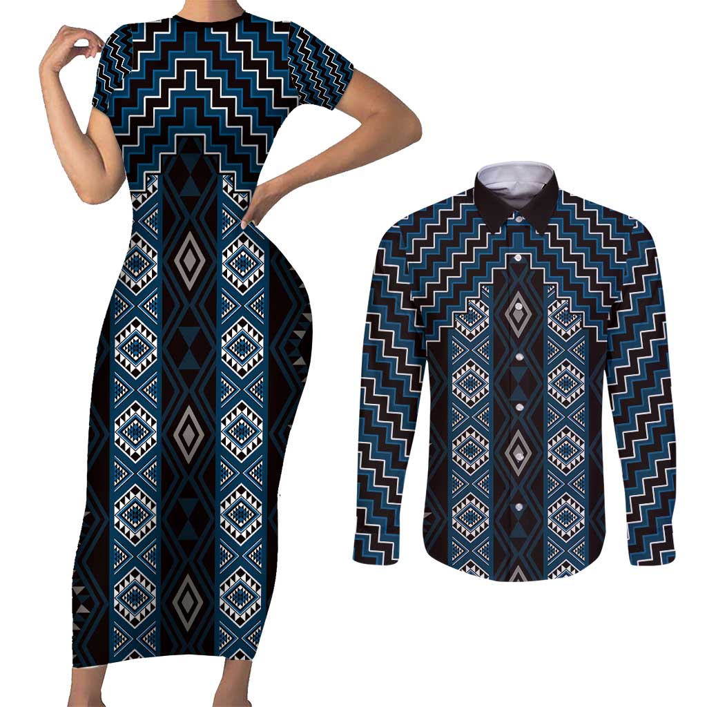 New Zealand Aotearoa Couples Matching Short Sleeve Bodycon Dress and Long Sleeve Button Shirt Blue Poutama With Taniko Pattern LT05