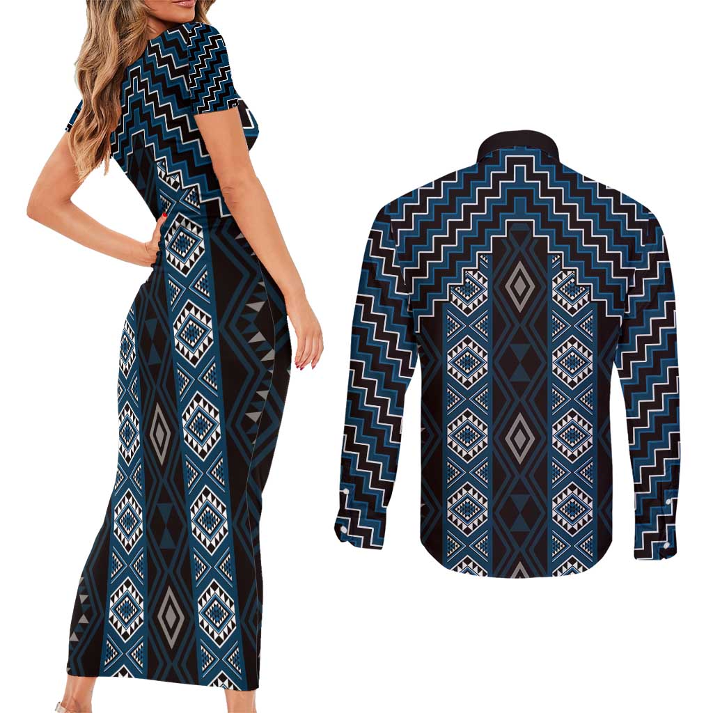 New Zealand Aotearoa Couples Matching Short Sleeve Bodycon Dress and Long Sleeve Button Shirt Blue Poutama With Taniko Pattern LT05