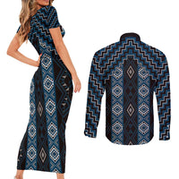 New Zealand Aotearoa Couples Matching Short Sleeve Bodycon Dress and Long Sleeve Button Shirt Blue Poutama With Taniko Pattern LT05
