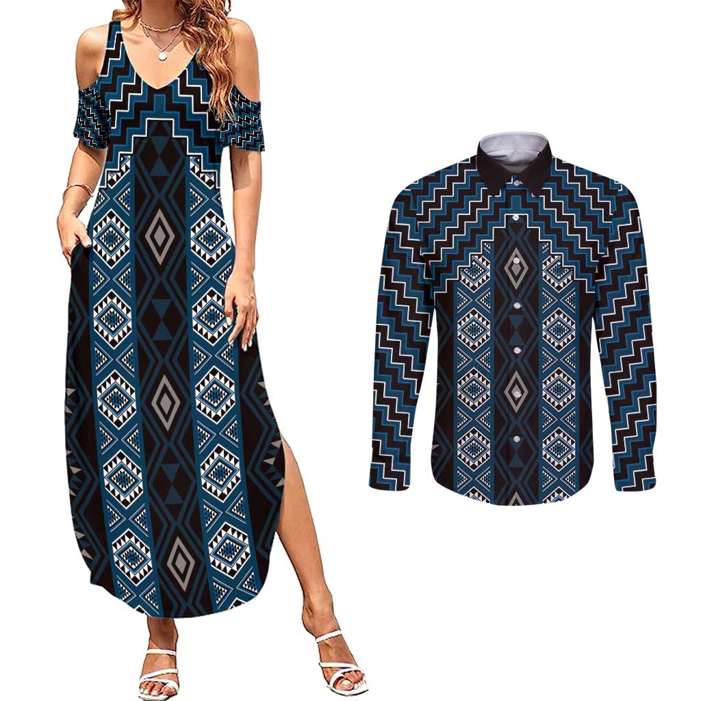 New Zealand Aotearoa Couples Matching Summer Maxi Dress and Long Sleeve Button Shirt Blue Poutama With Taniko Pattern LT05 Blue - Polynesian Pride