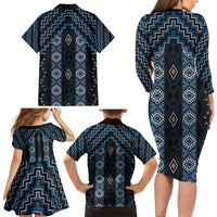 New Zealand Aotearoa Family Matching Long Sleeve Bodycon Dress and Hawaiian Shirt Blue Poutama With Taniko Pattern LT05