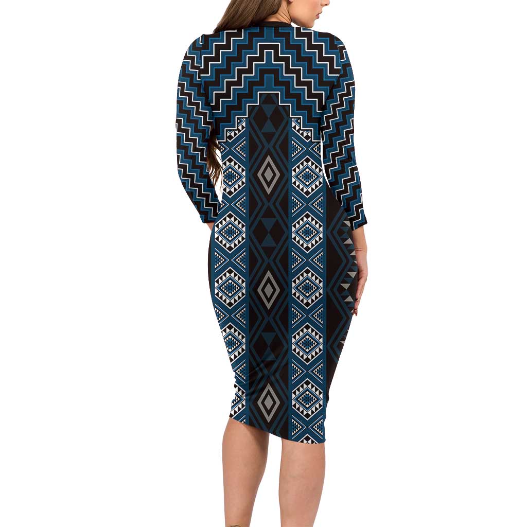 New Zealand Aotearoa Family Matching Long Sleeve Bodycon Dress and Hawaiian Shirt Blue Poutama With Taniko Pattern LT05
