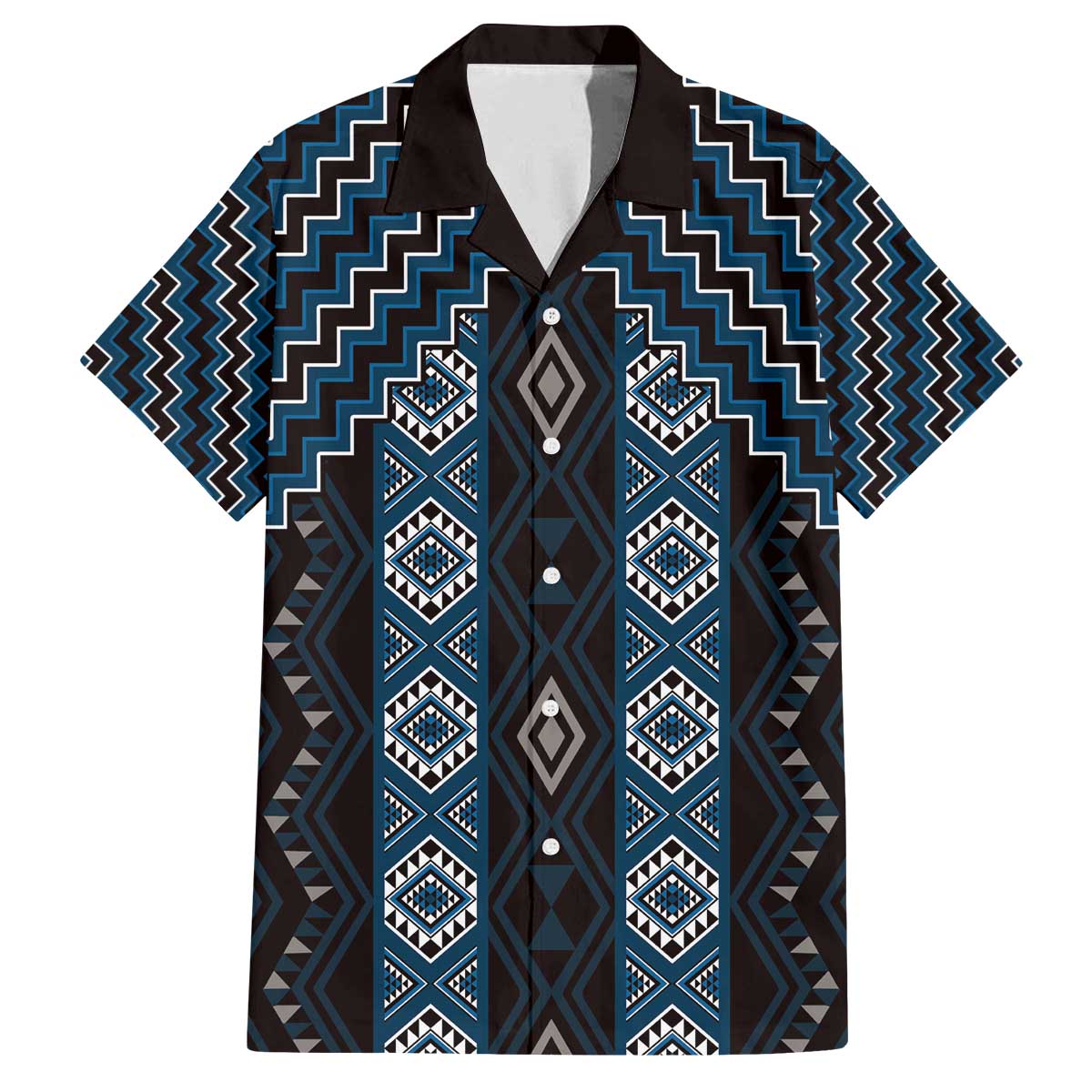 New Zealand Aotearoa Family Matching Off The Shoulder Long Sleeve Dress and Hawaiian Shirt Blue Poutama With Taniko Pattern LT05