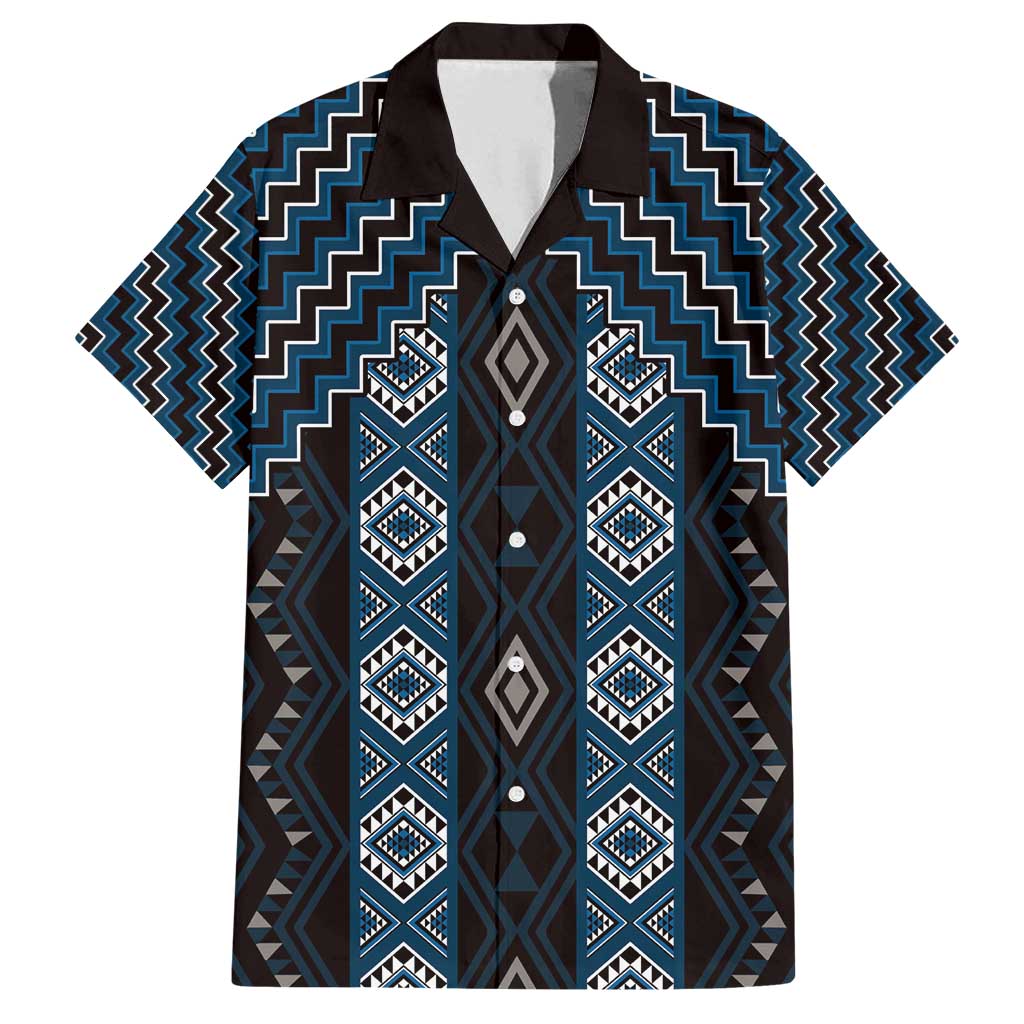 New Zealand Aotearoa Family Matching Off Shoulder Short Dress and Hawaiian Shirt Blue Poutama With Taniko Pattern LT05