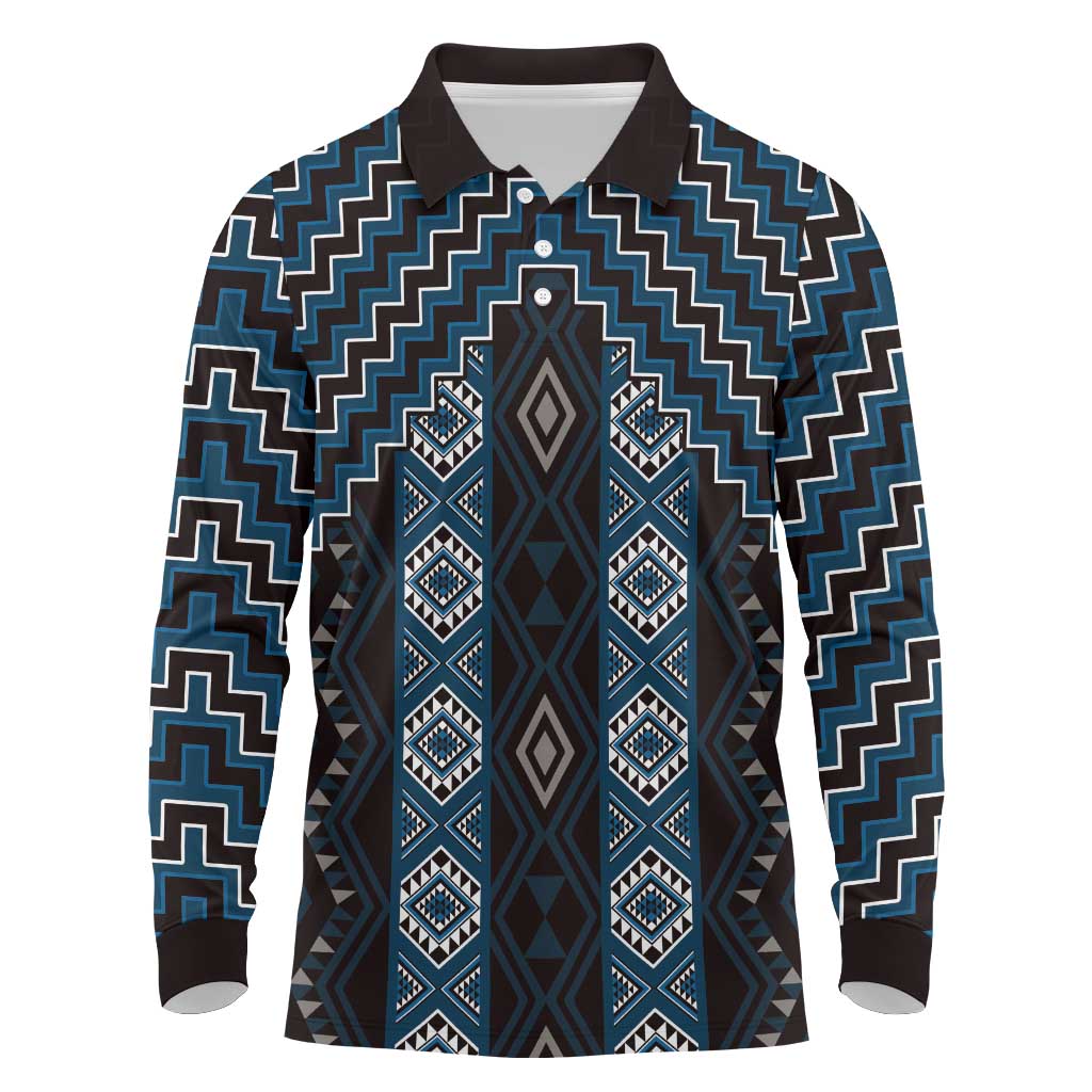 New Zealand Aotearoa Long Sleeve Polo Shirt Blue Poutama With Taniko Pattern LT05