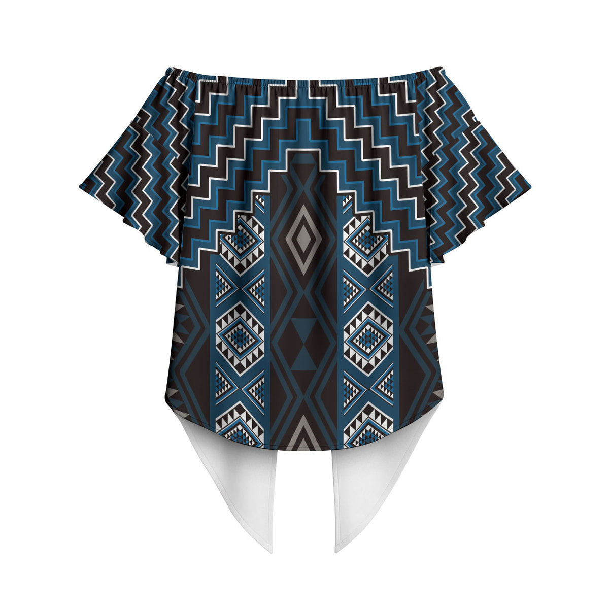 New Zealand Aotearoa Off Shoulder Wrap Waist Top Blue Poutama With Taniko Pattern LT05 - Polynesian Pride