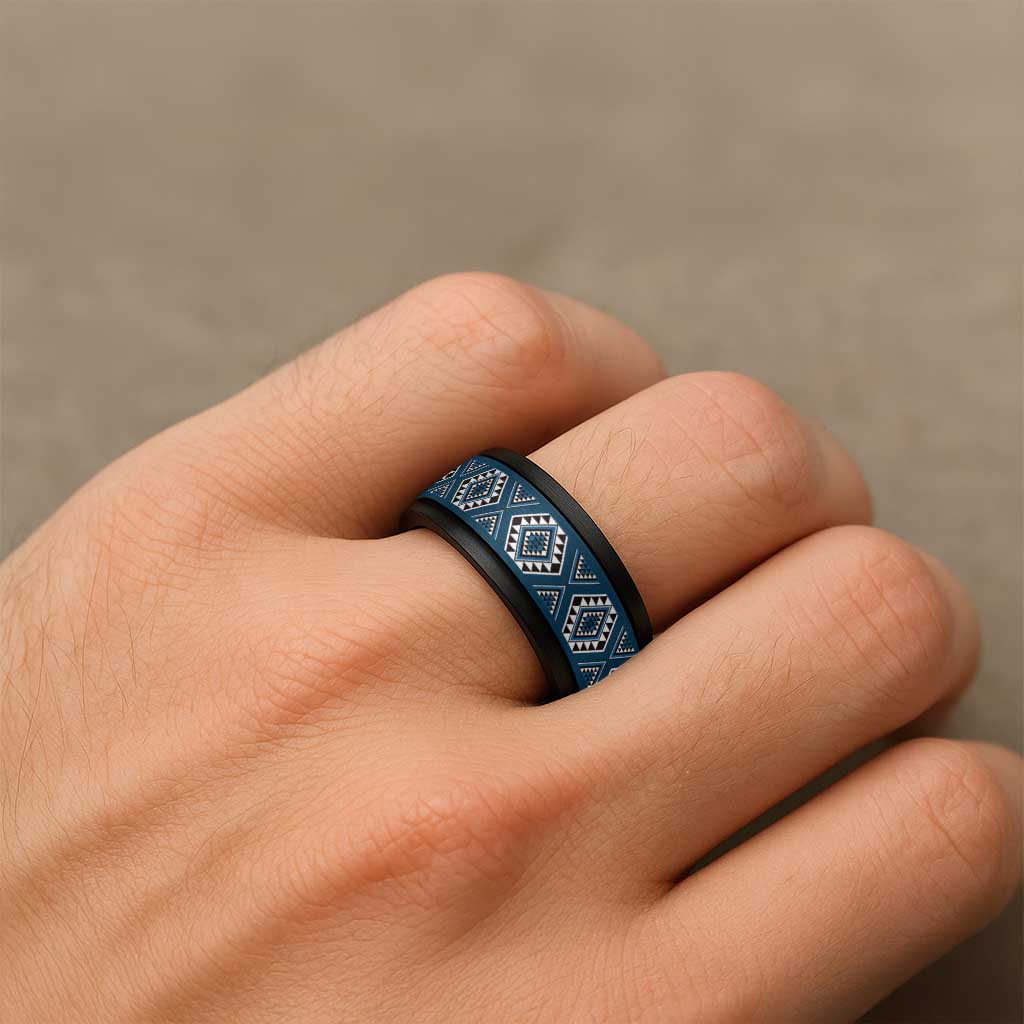 New Zealand Aotearoa Spinner Ring Blue Poutama With Taniko Pattern - Polynesian Pride