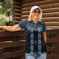 New Zealand Aotearoa Women Polo Shirt Blue Poutama With Taniko Pattern LT05