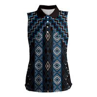 New Zealand Aotearoa Women Sleeveless Polo Shirt Blue Poutama With Taniko Pattern LT05
