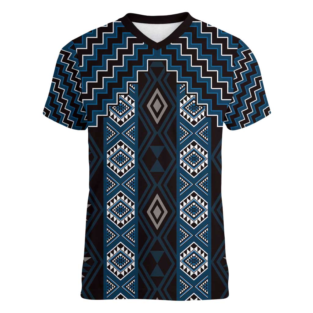 New Zealand Aotearoa Women V-Neck T-Shirt Blue Poutama With Taniko Pattern LT05