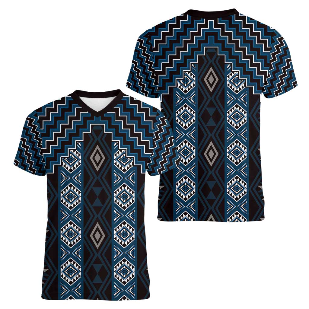 New Zealand Aotearoa Women V-Neck T-Shirt Blue Poutama With Taniko Pattern LT05