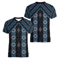 New Zealand Aotearoa Women V-Neck T-Shirt Blue Poutama With Taniko Pattern LT05