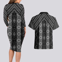 New Zealand Aotearoa Couples Matching Long Sleeve Bodycon Dress and Hawaiian Shirt Black Poutama With Taniko Pattern LT05