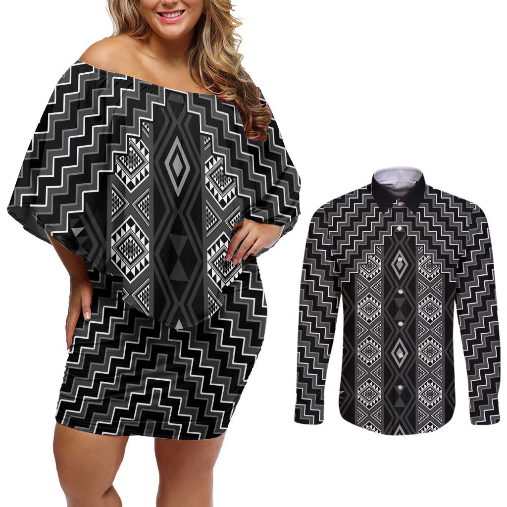 New Zealand Aotearoa Couples Matching Off Shoulder Short Dress and Long Sleeve Button Shirt Black Poutama With Taniko Pattern LT05