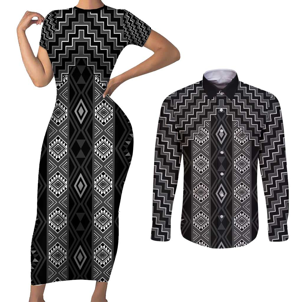 New Zealand Aotearoa Couples Matching Short Sleeve Bodycon Dress and Long Sleeve Button Shirt Black Poutama With Taniko Pattern LT05