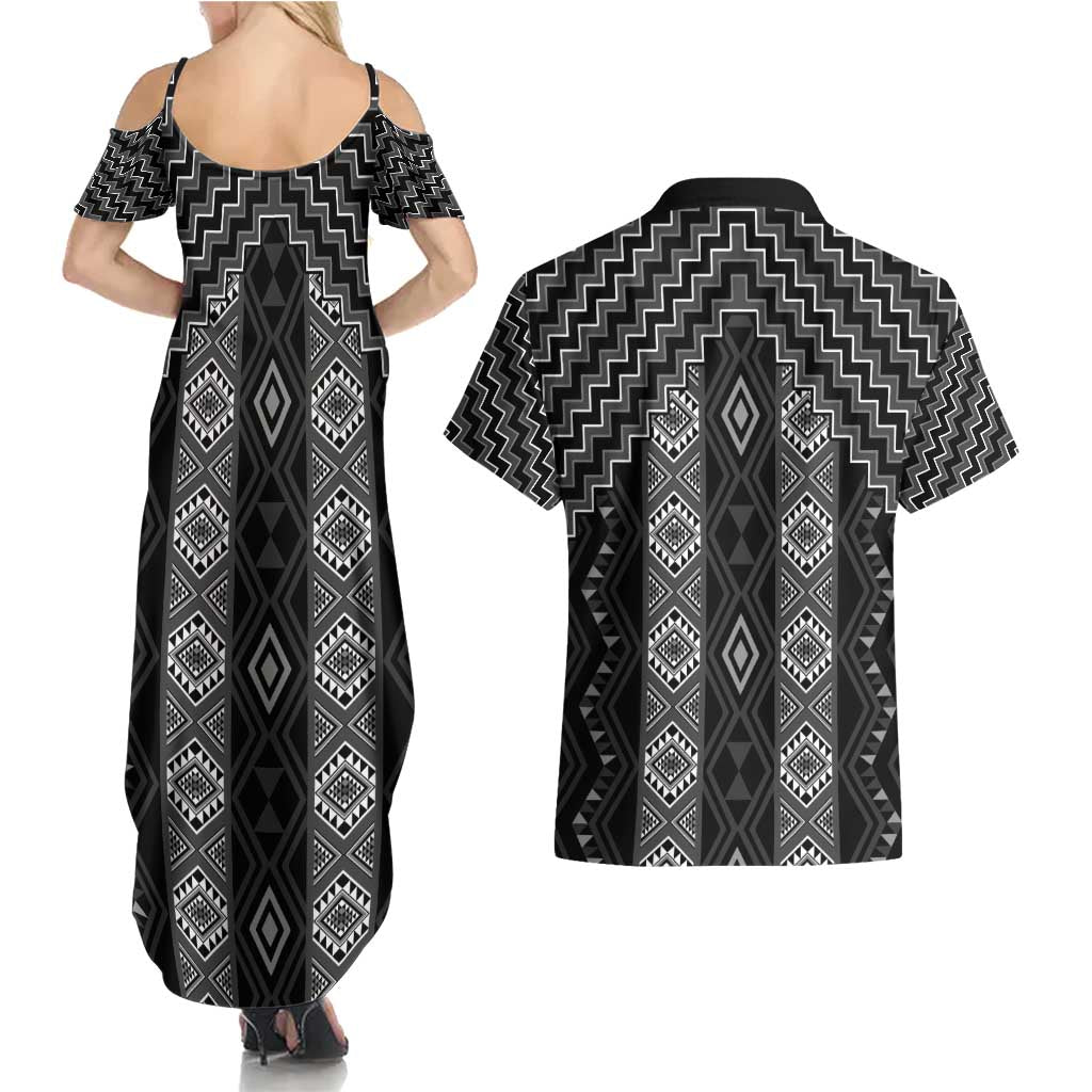 New Zealand Aotearoa Couples Matching Summer Maxi Dress and Hawaiian Shirt Black Poutama With Taniko Pattern LT05