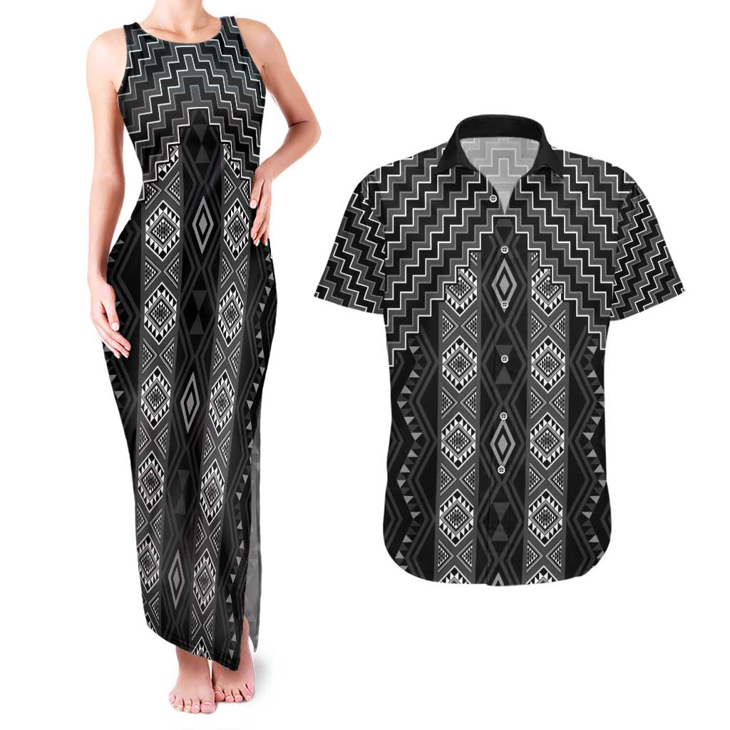 New Zealand Aotearoa Couples Matching Tank Maxi Dress and Hawaiian Shirt Black Poutama With Taniko Pattern LT05