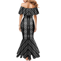 New Zealand Aotearoa Family Matching Mermaid Dress and Hawaiian Shirt Black Poutama With Taniko Pattern LT05