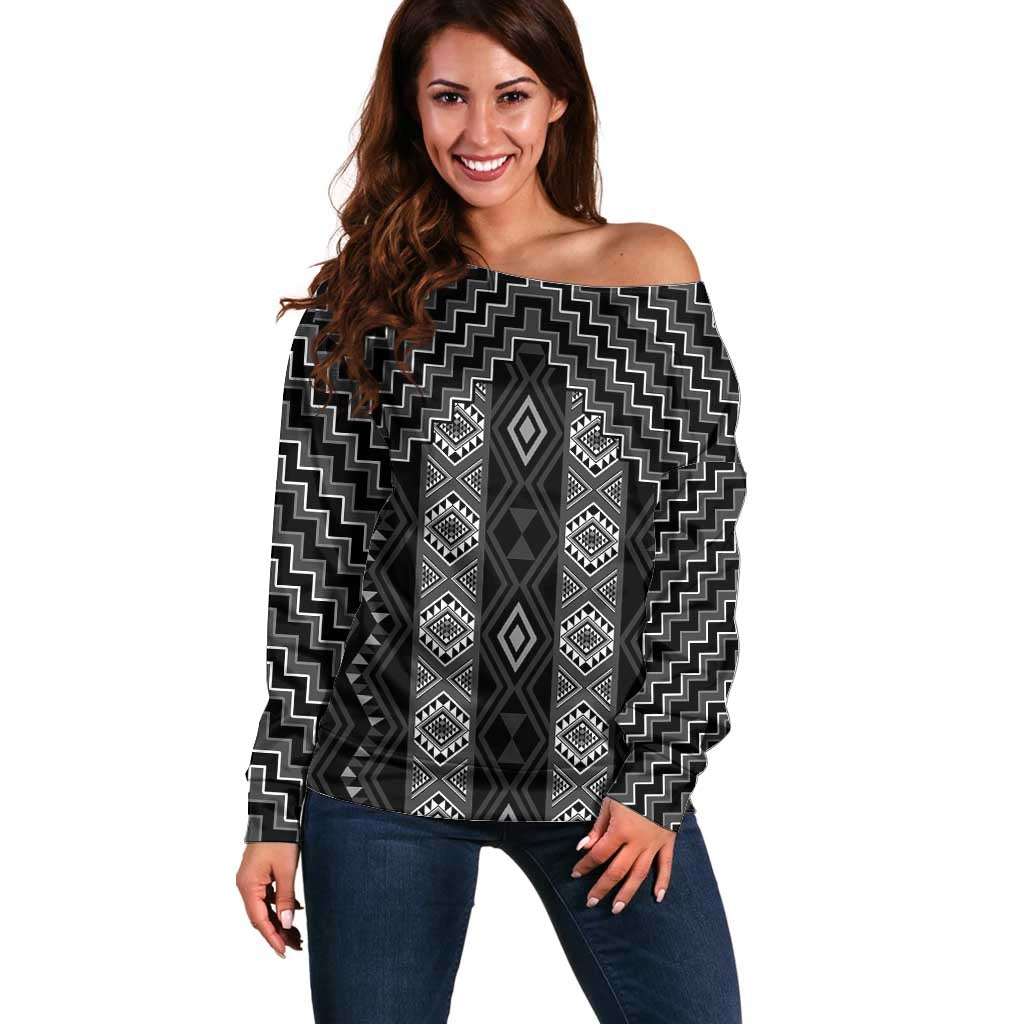 New Zealand Aotearoa Off Shoulder Sweater Black Poutama With Taniko Pattern LT05 Women Black - Polynesian Pride