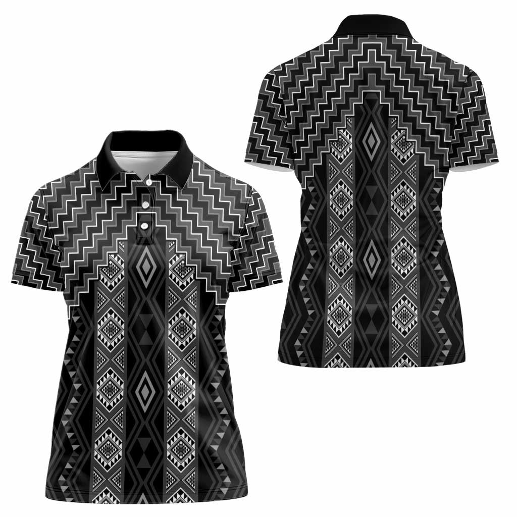 New Zealand Aotearoa Women Polo Shirt Black Poutama With Taniko Pattern LT05