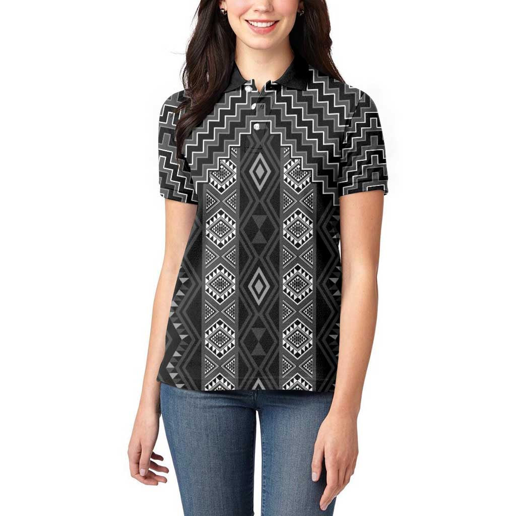 New Zealand Aotearoa Women Polo Shirt Black Poutama With Taniko Pattern LT05
