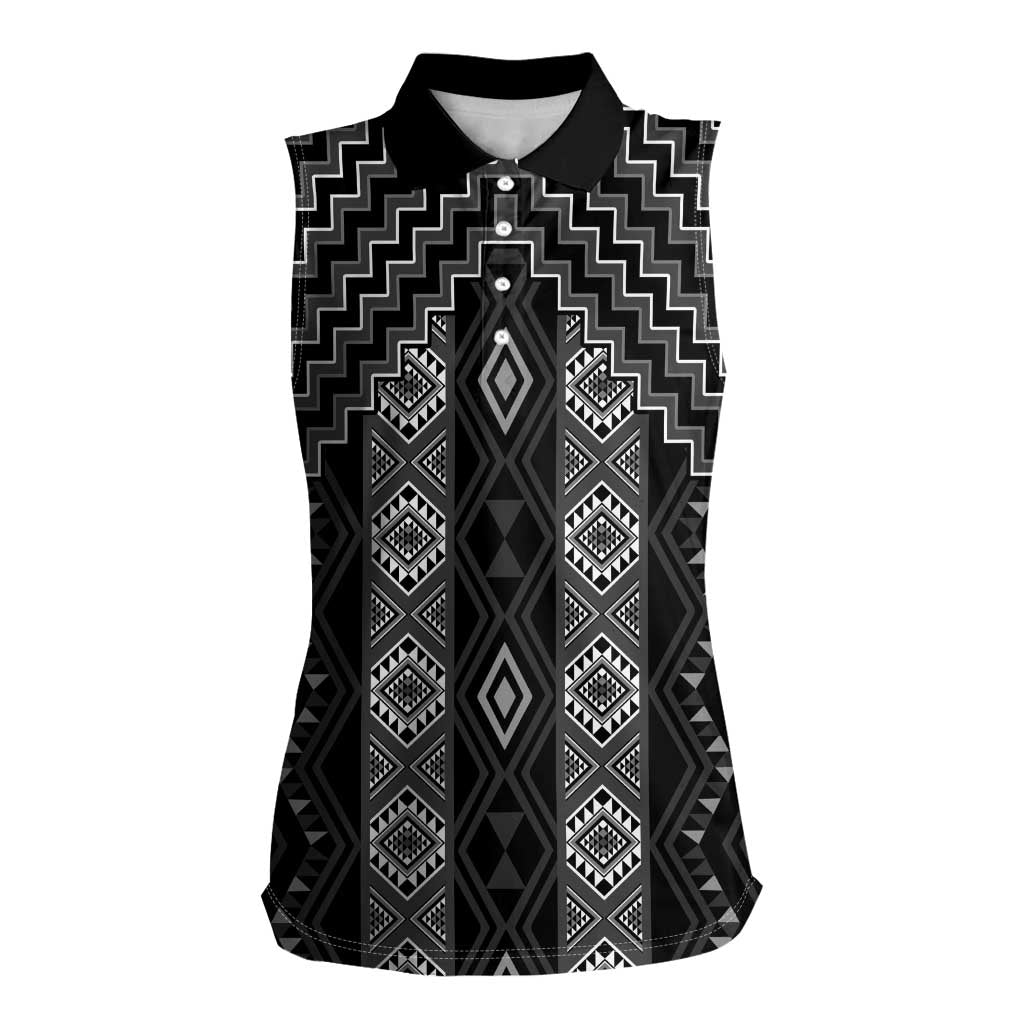 New Zealand Aotearoa Women Sleeveless Polo Shirt Black Poutama With Taniko Pattern LT05