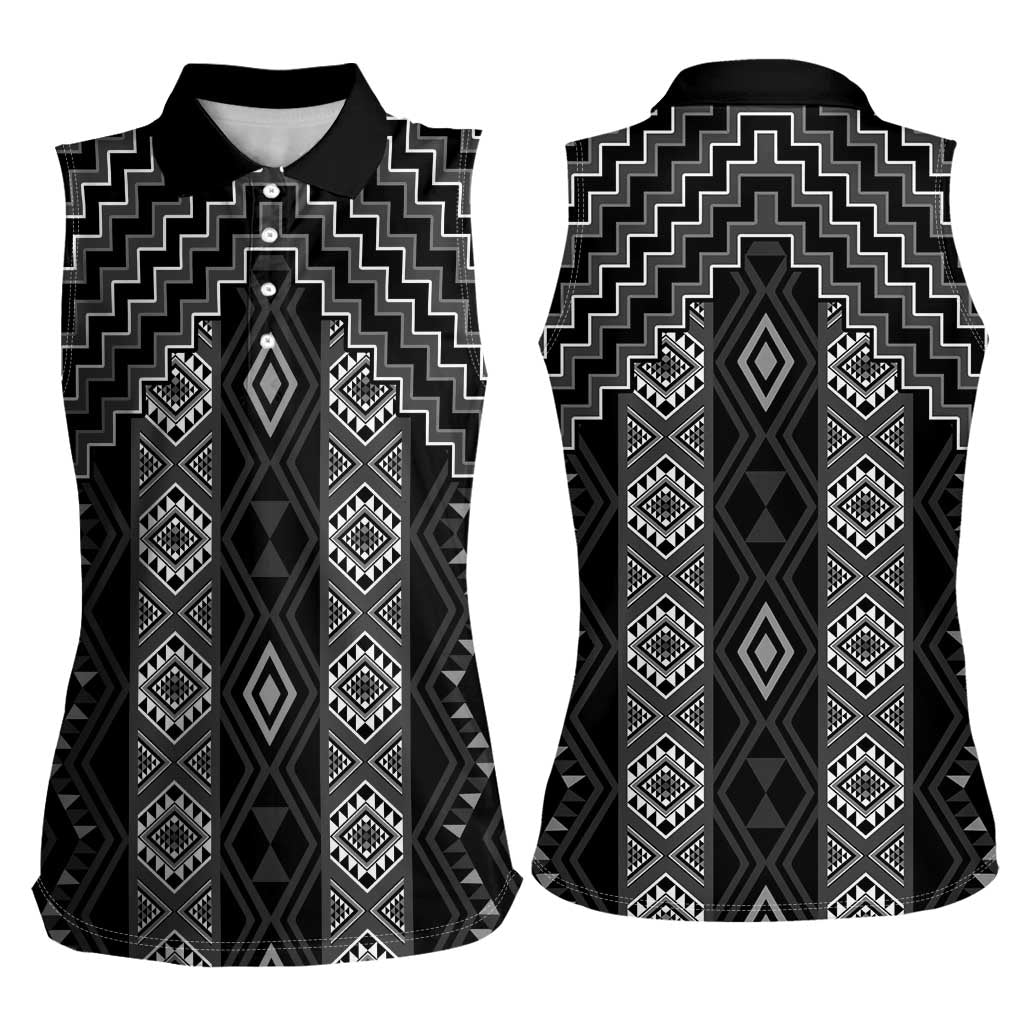 New Zealand Aotearoa Women Sleeveless Polo Shirt Black Poutama With Taniko Pattern LT05