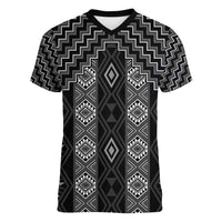 New Zealand Aotearoa Women V-Neck T-Shirt Black Poutama With Taniko Pattern LT05