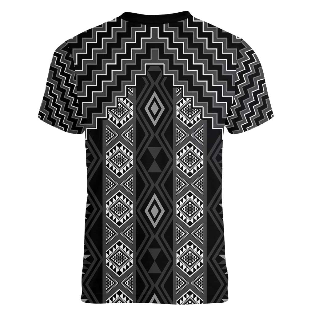 New Zealand Aotearoa Women V-Neck T-Shirt Black Poutama With Taniko Pattern LT05