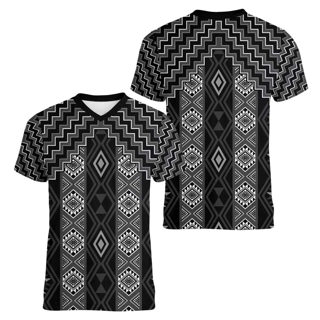 New Zealand Aotearoa Women V-Neck T-Shirt Black Poutama With Taniko Pattern LT05