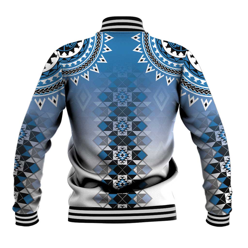 New Zealand Baseball Jacket Poutama Mix Blue Taniko Inspired Art LT05