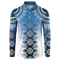 New Zealand Button Sweatshirt Poutama Mix Blue Taniko Inspired Art LT05