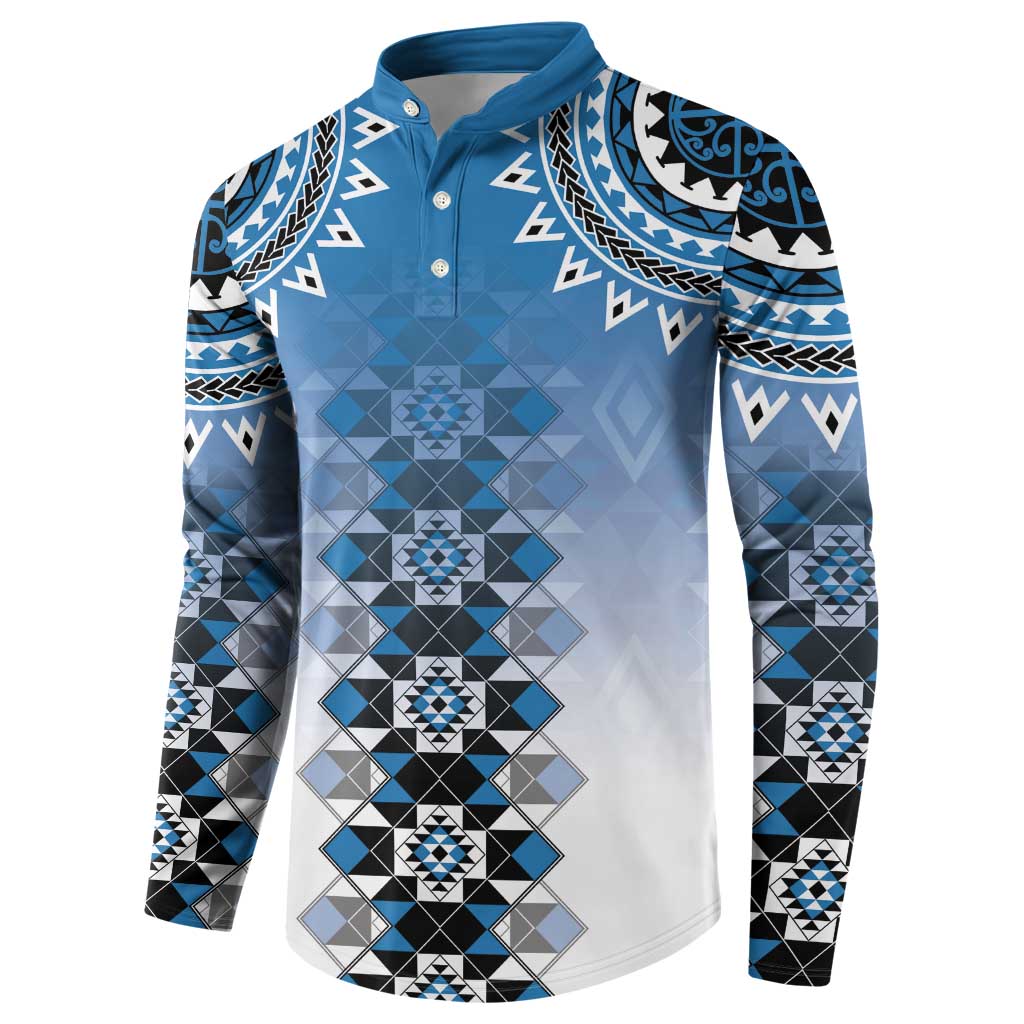 New Zealand Button Sweatshirt Poutama Mix Blue Taniko Inspired Art LT05