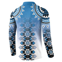 New Zealand Button Sweatshirt Poutama Mix Blue Taniko Inspired Art LT05