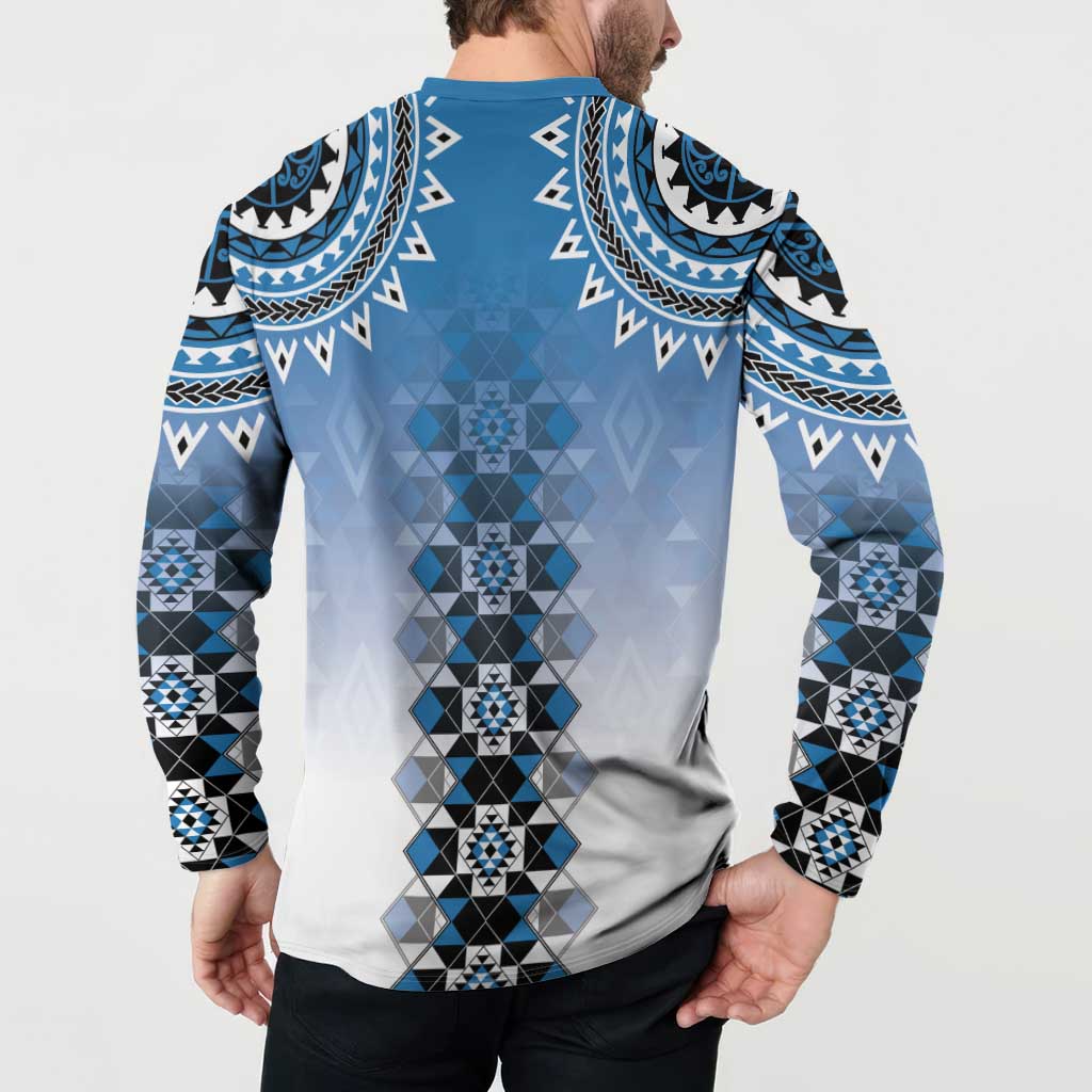 New Zealand Button Sweatshirt Poutama Mix Blue Taniko Inspired Art LT05