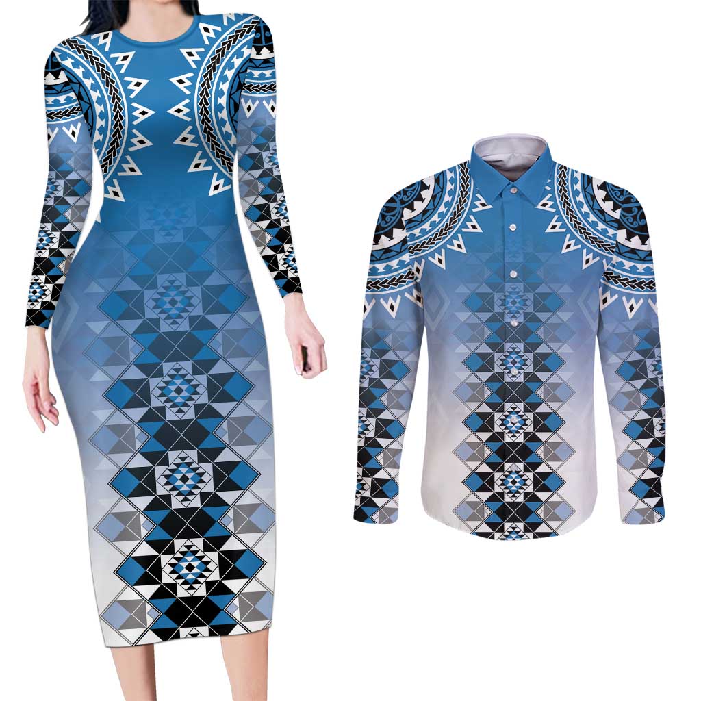 New Zealand Couples Matching Long Sleeve Bodycon Dress and Long Sleeve Button Shirt Poutama Mix Blue Taniko Inspired Art LT05